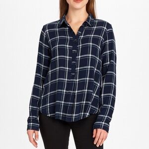 Crown & Ivy women's plaid flannel top navy blue white 3/4 Split Neck Top SZ LGR